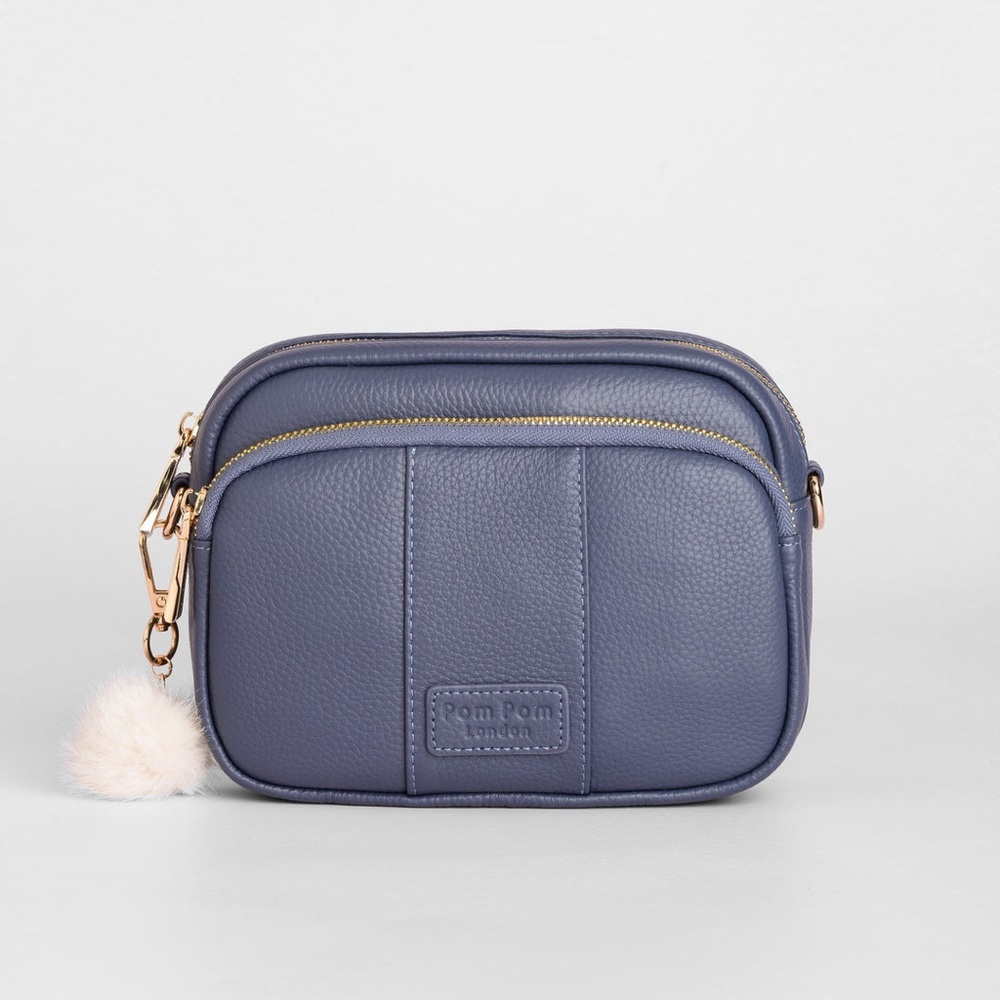 NWT Pom Pom London “Original Plus” Leather crossbody Bag in Slate Blue